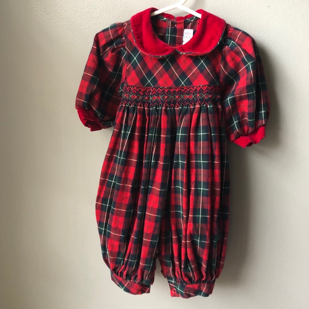 Red plaid full length smocked bubble outfit